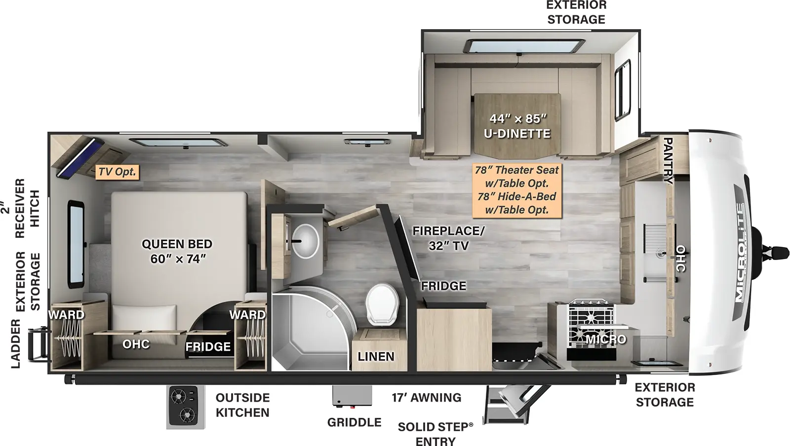 The 25FKS has one slide out and one entry door. Exterior features a 17 foot awning, solid entry step, outside kitchen with refrigerator, front exterior storage on both sides, griddle, rear exterior storage, rear ladder, and 2 inch receiver hitch. Interior layout front to back: front kitchen with pantry, kitchen counter with sink and overhead cabinet wrap to door side with cooktop, microwave, entry door and refrigerator; angled TV and fireplace along inner wall; off-door side slide out with u-dinette (theater seating with table or hide-a-bed with table optional); door side full bathroom with linen closet; rear bedroom with side facing queen bed, overhead cabinets, and wardrobes on either side (optional TV). 